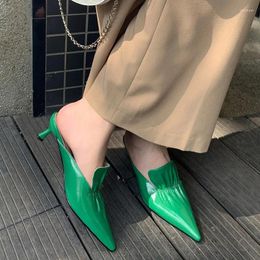 Sandals Summer Mules Korea Style Pumps Sexy High Heels Split Leather Women Shoe Pointed Toe Lady Pleated Shoes 6 CM TPR Bottom Slippers