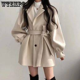 Women's Wool Blends Mid Length Topcoat Blazer Collar Woolen Coat Women Belted Winter Jacket Niche Vintage Loose Fashion Overcoat Solid Trench Coats 231020