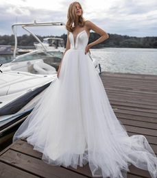 Simple Long Tulle V-Neck Wedding Dresses A-Line Satin Ivory Sweep Train Bridal Gown Corset Back Vestido de novia Women Dresses