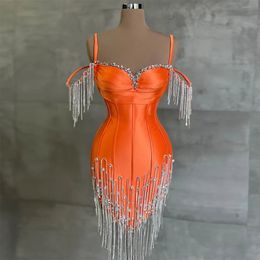 Mermaid Short Orange Prom Dresses homecoming Crystals Tassel Mini tail Dress for Black Girls Graduation Birthday Party Gowns