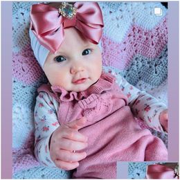 Hair Accessories Large Satin Hair Bows With Wide Nylon Headband Girls Kids Pearl Rhinestone Turban Child Accessories Baby, Kids Matern Dhom1