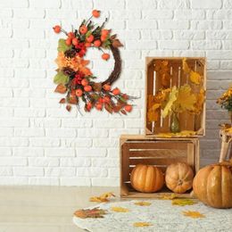 Decorative Flowers Fall Wreath Rattan Base Vibrant Harvest Mini Pumpkins Berries Ornamental Decor For Front Door Home