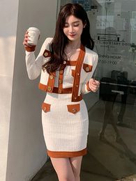 Two Piece Dress Brand Designer Autumn Clothes for Women Vintage Elegant Gold Buttons Knitted Cardigan Mini Skirts Two Piece Sets Female 231020