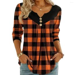 Women's Blouses Geometric Print T-shirt Stylish Christmas Plaid Blouse V-neck Tunic Tops With Long Sleeves Button Decorations Mid-length