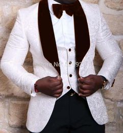 Men's Suits Custom Made Groomsmen Pattern Groom Tuxedos Shawl Wine Lapel Men Wedding Man Blazer ( Jacket Pants Vest Tie) C308