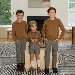 Family Matching Outfits Ap Boys Mix N Match Dressy Collection 2024 Fall Kids Three Colours Sweater Polo Baby Stretched Plaid Pants and Overalls 7703 231021