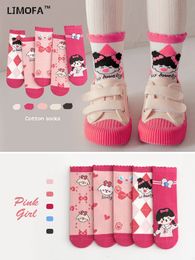 Kids Socks LJMOFA 5 Pairs/lot Kids Autumn Girl Socks Cotton Winter Cartoon Plaid Cute born Girl Toddler Children Knitted Sock C159 231021