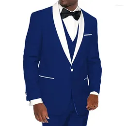 Men's Suits Style Men Royal Blue Groom Tuxedos Shawl White Satin Lapel Groomsmen 3 Pieces ( Jacket Pants Vest Bow Tie ) D279