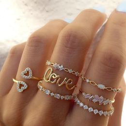 Band Rings Bohemia Zircon Set Gold Colour Boho Crystal Letter LOVE Heart Moon Flower Ring for Lover Charm Jewellery Gifts 231021