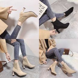 quality Boots New Autumn/winter Fashion High Heel Thick Short Sleeve Flying Weave Elastic Women's Black One Step Bare