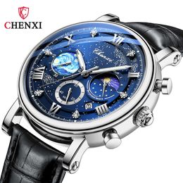 CHENXI Watches Men Leather Business Casual Quartz Wristwatch Male Luminous Moon Phase Chronograph Watch for Mens Gifts