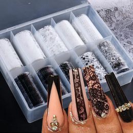 Nail Stickers 10 Rolls/Box White Lace Foils Black Flower Floral Art Decals Sliders Transfer Wraps Wedding Manicure TRXHK-78