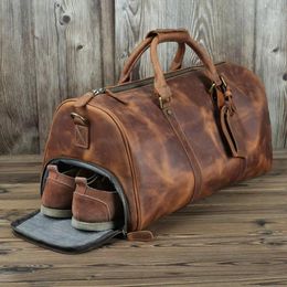 Duffel Bags 2023 Luxury Pure Handmade Natural Crazy Horse Leather Men's Travel With Shoe Case