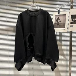 Women's Hoodies Winter Fashion Hollowed-out Broken Hole Design Fleece Lined Pullover Coat Loose Slim Black All-Matching Sweater For Women