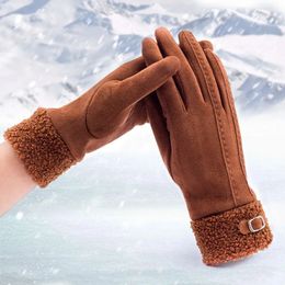 Five Fingers Gloves Winter Suede Leather Internal Plush Thicken Touch Screen Driving Gloves Woman's Outdoor Riding Belt Embroidery Warm Gloves R28 231021