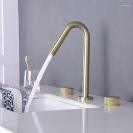 Bathroom Sink Faucets Widespread Basin Faucet Three Hole 8 Inch Mixer Brass Material And Cold Brush Gold Water