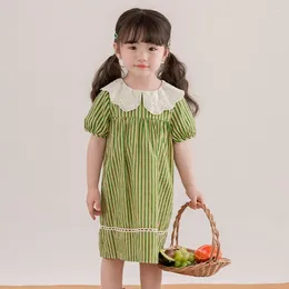Girl Dresses Summer Girls' Dress White Embroidered Lapel Green Stripe Loose And Comfortable Short Sleeved