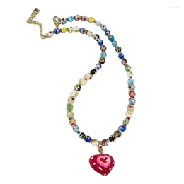 Pendant Necklaces Y1UB Colourful Beaded Coloured Glaze Necklace Bohemian Red Love For Girls