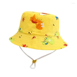 Berets Cotton Dinosaur Print Children Panama Summer Outdoor Sunscreen Boy Girl Bucket Hat Travel Sun Fisherman Caps Windproof Rope Baby