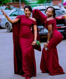 Bourgogne African Bridesmaid Dresses Long Wrap 2023 One Shoulder Maid of Honor Gowns Plus Size Satin Mermaid Wedding Gästklänning