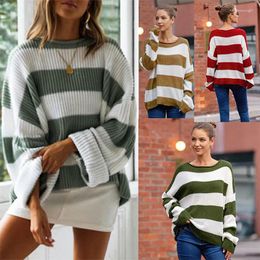 Women's Sweaters 2023 Autumn/Winter Long Sleeved Clothing Sweater Rolled Edge Round Neck Stripe Color Block Knitting Shirt