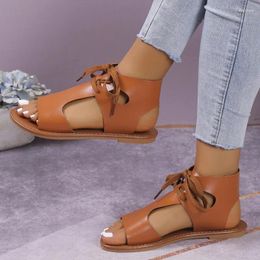 Sandals Fashion T-strap 2023 Summer Women's Casual Lace Up Flats Retro Rome Shoes Comfort Ladies Zapatos De Mujer