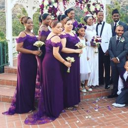 2023 African Purple Long Bridesmaid Dresses Spaghetti Sleeves Sheath Wedding Party Gowns Back Zipper Sweep Train Maid Of Honor Dresses