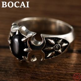 Wedding Rings BOCAI S925 Sterling Silver Rings Fashion Sunflower Totem Obsidian Solid Pure Argentum Viking Jewelry for Men Women 231021