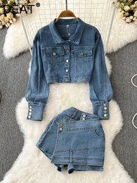 Womens Two Piece Pants DEAT Casual Set Lapel Long Sleeved Loose Denim Jacket Fake Twopiece High Waist Slim Shorts 2023 Spring 11XX01021 230322