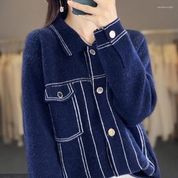 Women's Knits High Quality Pure Wool Knitted Cardigan For Autumn Winter Polo Collar Jacket Loose Fashionable Contrasting Coat