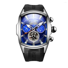 Wristwatches Reef Tiger Luxury Automatic Watch For Men Tonneau Shaped Design Calendar Week Luminous 100m Waterproof Sport Wristwatch Relojes