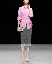 Work Dresses Women Skirt Set Autumn Female 2023 Fashion Elegant Pink Blouse Bud Grey Suit Two Piece Twinset Arrive
