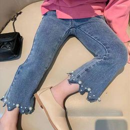 Trousers Girls Pants Elastic Waist Fashion Small Boot Cut Jeans 2023 Spring Autumn Pearls Flower All-match Kids Clothes