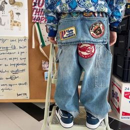 Hosen Sommer Streetwear Jungen Hosen Kinder Mode Spliced Denim Pnats Lose Gestickte Y2k Hip Hop Jeans Harajuku High Street Hosen 231021
