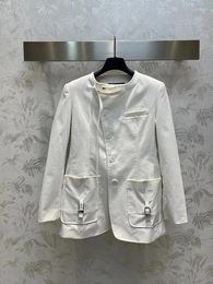 Women's Suits Fashion High Quality Asymmetrical Single Breasted Blazer Jacket For Women 2023 White Buckle O-Neck Patch-Pockets Suit Female