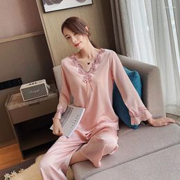 Women's Womens Sleepwear Silk Pyjamas 2pcs Homewear Suit Summer Trumpet Long Sleeve V-neck Tops Loose Trousers for Women Pjs 3tc2