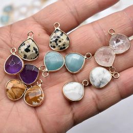 Pendant Necklaces Wholesale 12pcs/lot Natural Stone Amethys Section Water Drop Shape Gold Colour Connector Pendants 13mm For Jewellery Making