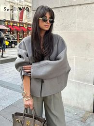 Womens Wool Blends Autumn Grey Cropped Coat Elegant Vneck Single Breasted Long Sleeve Female Coats Winter Chic Streetwear Jackets 231021