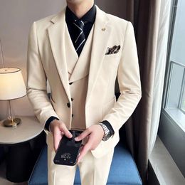 Men's Suits Men Blazer Twerno Costume Hombre Wedding Beige Single Breasted Notched Lapel Three Piece Jacket Pants Vest Masculino Slim