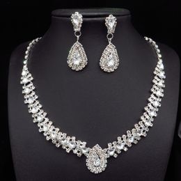 Sparkling Rhinestone Crystal Teardrop Design Wedding Bridal Jewellery Set Silver Plated Women Choker Necklace Earrings