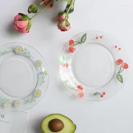 Plates Ins Simple Daisy Cheery Glass Plate Cute Transparent Round Household Tableware Cake Dessert