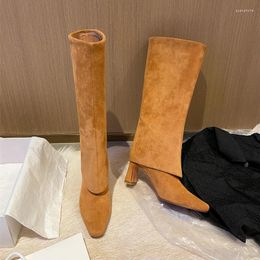 Boots 2023 Winter Roman Women Knee High Modern Cow Suede Leather 7cm Heels Warm Fur Long Ins Shoes