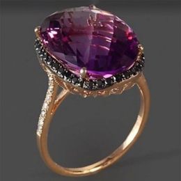 Band Rings Trendy Rose Gold Colour Big Purple Geometric Crystal Rhinestone Zircon Ladies Ring for Women Party Wedding Jewellery Size 6-10 231021