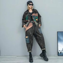 Women's Two Piece Pants 2023 Autumn Retro Ladies Patchwork Distressed Denim Fashionable Leisure Single-breasted Long Sleeves Jacket Harem