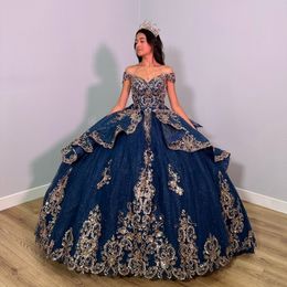 Navy Blue Shiny Quinceanera Dresses With Gold Appliques Lace Beads Lace-Up Sleeveless Corset Prom Sweet 16 Vestido De 15 Anos