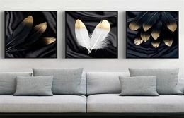 3 Panels Canvas Painting Wall Posters and Prints Black white gold feather HD Wall Art Pictures For Living Room Dining Restaurant H6790531