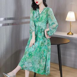 Party Dresses 2023Summer V-neck Temperament Printed Mulberry Silk Mid-length Seven-point Sleeve Elegant Casual Dress Fashion Evening Skirt