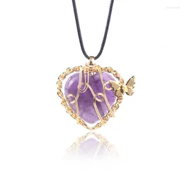 Pendant Necklaces FYJS Unique Light Yellow Gold Colour Wire Wrap Love Heart Amethysts Stone Rope Chain Necklace With Butterfly Jewellery