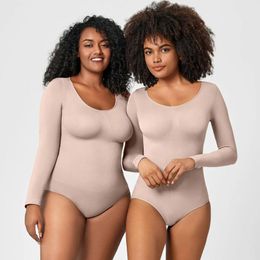Women's Shapers Round Neck One Piece Long Sleeve Shapewear For Women Tummy Control Thong Bodysuit