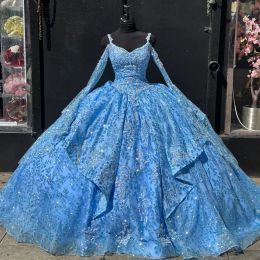 Blue Quinceanera Dresses Lace Applique Beaded Sequins Tulle Long Sleeves Straps Ruffles Sweep Train Sweet 16 Birthday Party Prom Ball Formal Evening Vestidos 403